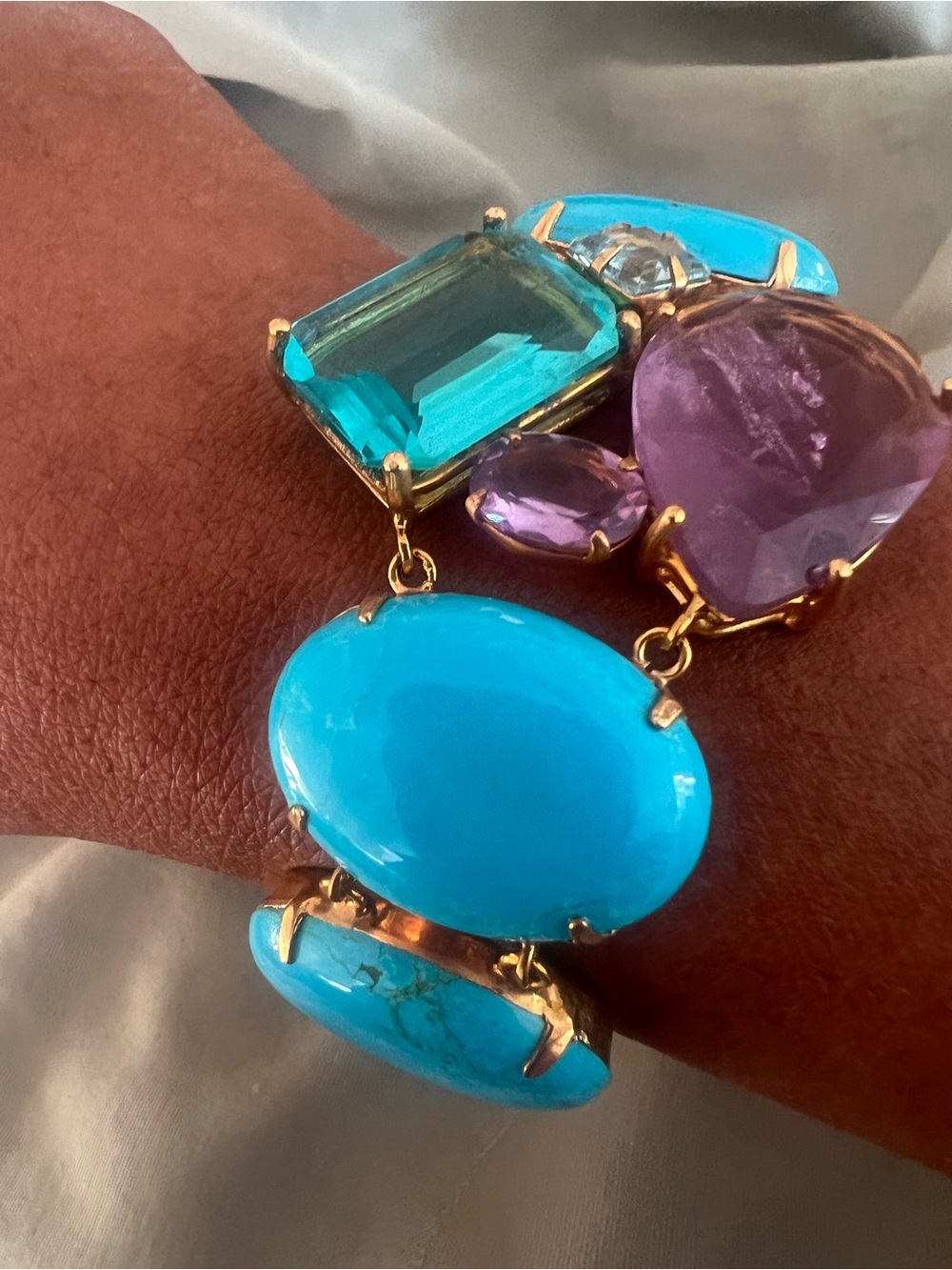 Bounkit Turquoise Amethyst and Topaz Gold-Plated Statement Bracelet - Picture 7 of 10